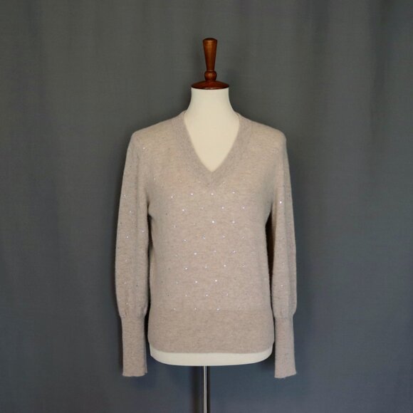 Kinross Cashmere Crystal Vee Sweater Medium Tan Sparkle Rhinestone Embellished